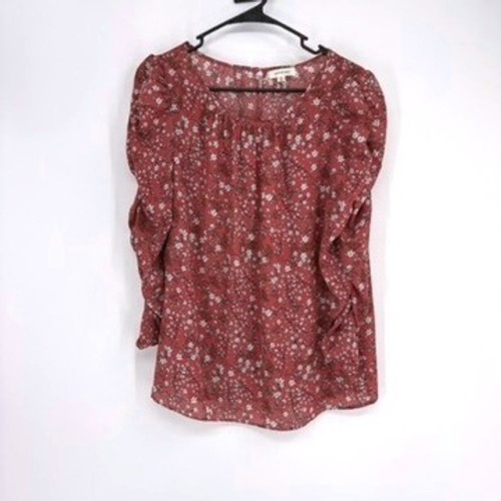 Max Studio Blouse Women M Pink Floral 1707D72 Ruched Long Sleeve Puff Shoulder